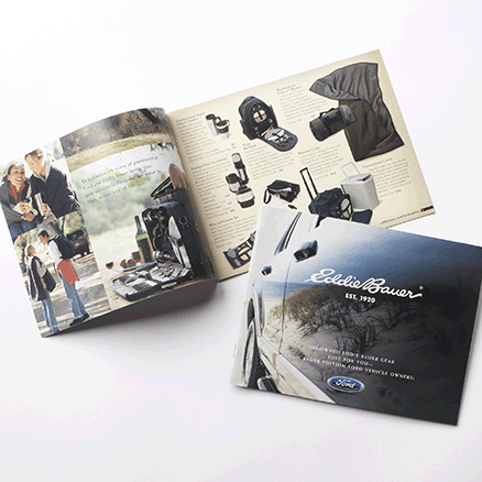 Collateral showing cover page with beach scene reflected off car door and interior pages representing product options.